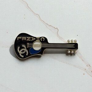 Chanel Black and Blue Guitar Brooch made with zipper pulls